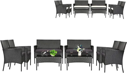 Miniatura 10 de Tangkula Juego de muebles de patio de 4 piezas, juego de conversación de mimbre para exteriores con mesa de vidrio templado, juego de sofá y sillas