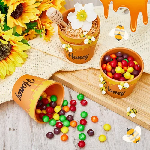 Miniatura 5 de Meekoo - Juego de 16 mini macetas de abeja con cubos de madera, tarros de miel para maceteros de cupcakes, chips de chocolate, temática de abeja