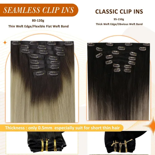 Miniatura 3 de Full Shine - Extensiones de cabello con clip ombré de 12 pulgadas, de castaño oscuro a rubio platinado, cabello humano real con trama de PU, 8 piezas