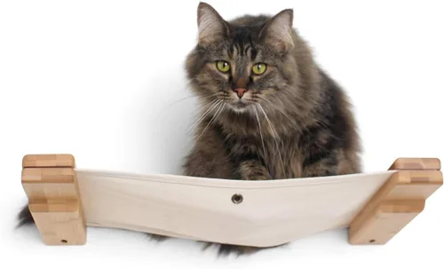 Miniatura 5 de CatastrophiCreations Hamaca para gatos montada en la pared para subir y jugar muebles estante de árbol para gatos Onyx Bambú/Lona Natural