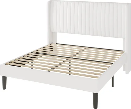 Miniatura 9 de Allewie Marco de cama de terciopelo de tamaño matrimonial, cabecera capitoné vertical con respaldo de ala, plataforma tapizada, listones de madera