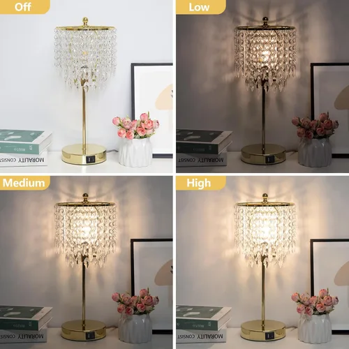 Miniatura 4 de Juego de 2 lámparas de mesa de cristal, lámpara de mesa de noche regulable de 3 vías con 2 puertos de carga USB, lámpara de noche dorada