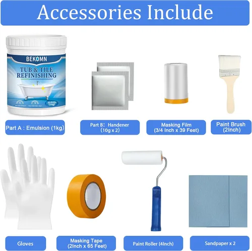 Miniatura 6 de BEKOMN Pintura para Bañera, Kit de Renovación de Bañera y Azulejos 33oz con Herramientas, Pintura para Bañera Blanca a Base de Agua de Bajo Olor