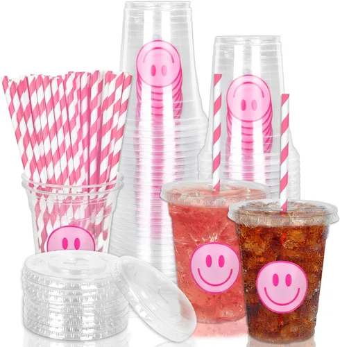 Miniatura 19 de Whaline 50 vasos de plástico desechables patrióticos de 12 onzas con tapas y pajitas con la bandera estadounidense del 4 de julio, vasos