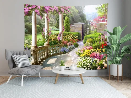 Miniatura 4 de BELECO Tapiz romántico de jardín secreto de primavera para colgar en la pared, 60 x 40 pulgadas, coloridas flores en flor, plantas verdes, tapiz
