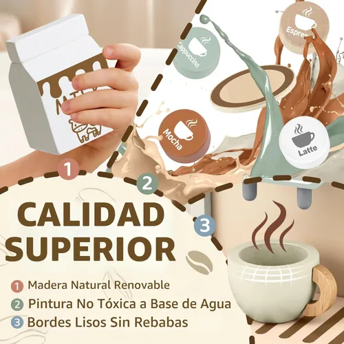 Miniatura 3 de Airlab Juego de Cafetera de Juguete para Niños Accesorios de Cocina de Madera Juego de Café para Niños Pequeños de Pretensión Regalos de Cumpleaños