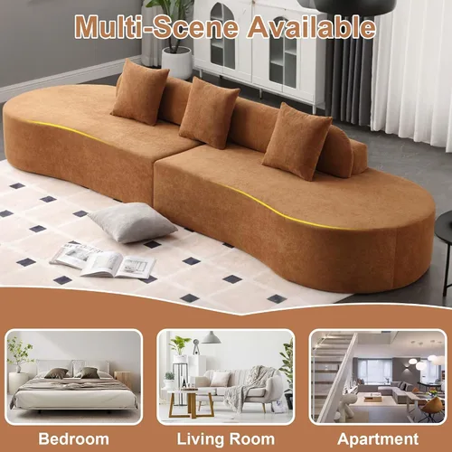 Miniatura 5 de Sofá modular curvado de 130.5 pulgadas para sala de estar, sofá de espuma sin hueso de 4 plazas con 3 almohadas, sofás de compresión para Marrón