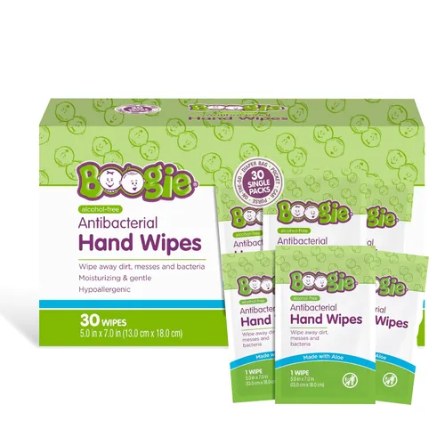 Miniatura 5 de Boogie Toallitas antibacterianas para manos, 30 unidades, hipoalergénicas y sin alcohol, envueltas individualmente, esencial para viaje y bolsa