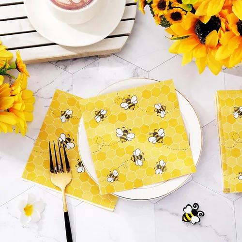 Miniatura 5 de Whaline Servilletas de cóctel de abeja de verano, servilletas de papel desechables de panal de abeja amarillas para el día de la abeja, cumpleaños