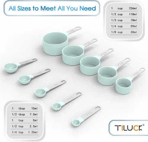 Miniatura 3 de Juego de tazas y cucharas medidoras TILUCK, tazas y cucharas apilables, tazas medidoras anidables con mango de acero inoxidable, accesorios de Verde
