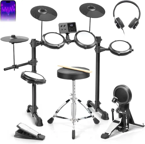 Miniatura 9 de Ktaxon Juego de batería eléctrica, batería electrónica con carga tipo C, USB MIDI, almohadillas silenciosas, platillos premium, pedales, trono