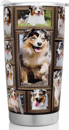 Vaso de perro pastor australiano con tapa, a prueba de derrames, taza de viaje para café helado, botella de agua aislada de acero inoxidable de 20