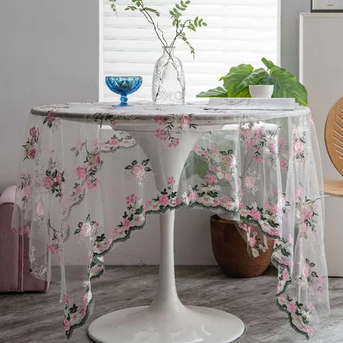 vctops Elegante mantel de encaje con bordado floral para mesa, para fiestas, bodas, cocina, comedor, decoración del hogar (rosa, 39 x 51 pulgadas)
