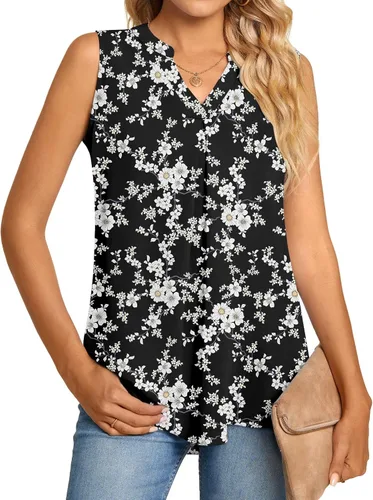 Anyhold Blusa de verano para mujer, de gasa, con muesca, cuello en V, sin mangas, ajuste holgado, casual, para oficina, lindas camisas de trabajo