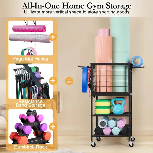 Miniatura 6 de ETELI Estante de almacenamiento para esterilla de yoga, gimnasio en casa, equipo de entrenamiento, carrito de almacenamiento con ruedas de ganchos