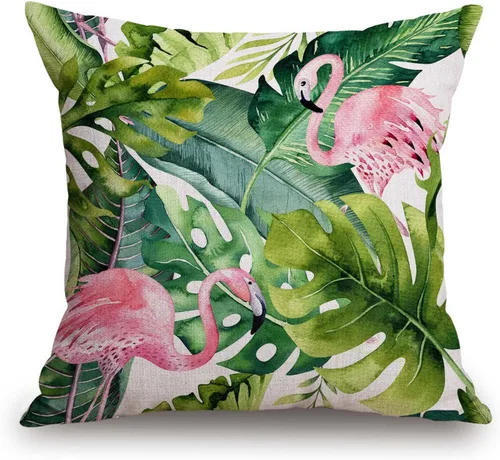 TSSOHU Funda de almohada cuadrada decorativa con estampado de flamencos en acuarela verde y rosa, 18 x 18 pulgadas, para decoración del sofá del