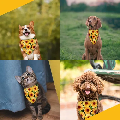 Miniatura 7 de Pañuelo de girasol con hojas para perro, bufanda lavable para mascotas, pañuelo ajustable triangular, estampado de doble cara, negro, girasol Hueso