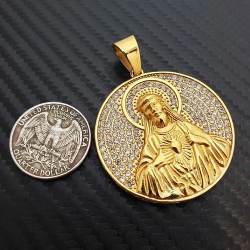 Miniatura 3 de Colgante de acero inoxidable con dije de medalla de Jesús Santo en tono dorado