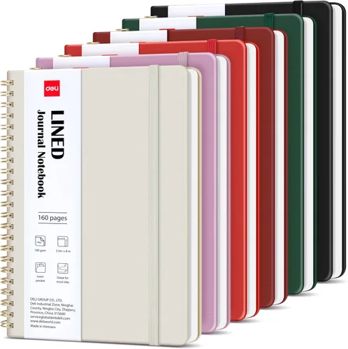 Miniatura 8 de deli Paquete de 6 cuadernos con espiral rayados, 160 páginas, A5 (5.5 x 8 pulgadas), cuaderno de escritura de tapa dura, diario encuadernado