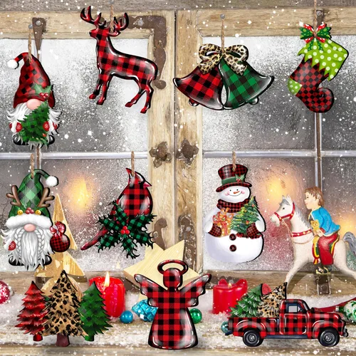 Miniatura 5 de JOPHMO 24 Piezas Adornos de Madera de Navidad Copo de Nieve Gnomo Muñeco de Nieve Camión Adornos Colgantes de Madera Recortes de Árbol de Navidad