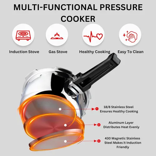Miniatura 5 de Vinod Platinum Olla a presión de acero inoxidable triple con tapa exterior - 5 litros Cocinador de fondo SAS Cocinador de base de inducción