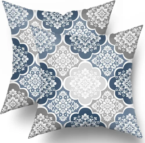 Fundas de almohada bohemias azules y grises de 16 x 16 pulgadas, paquete de 2 fundas de almohada bohemias de algodón con flores para exteriores,