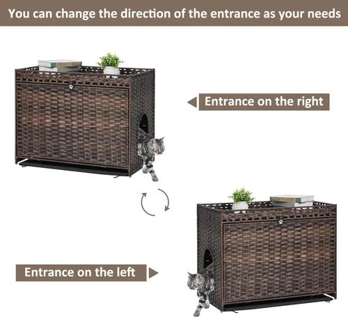 Miniatura 6 de Caja de arena para gatos con alfombrilla de arena suave; muebles ocultos de baño para gatos con puerta; casa de gato de ratán tejida a mano; jaula