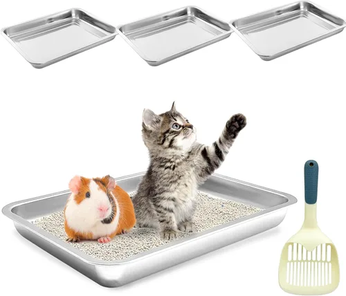Miniatura 8 de BNOSDM 4 bandejas de arena de acero inoxidable para gatos de entrada baja, bandeja de arena de metal poco profunda, caja antiadherente para gatos