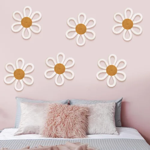 Miniatura 6 de Zeyune 6 piezas de decoración de pared de margaritas bohemias tejidas en macramé, frontones de pared bohemios, margaritas florales, decoración