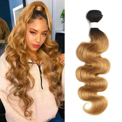 X-TRESS 1b27 - 1 paquete de extensiones de cabello brasileño ondulado con degradado rubio miel, 100 % humano, extensiones de cabello humano color