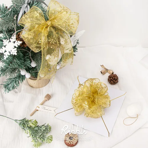 Miniatura 4 de Ribbli Cinta con alambre de purpurina de copo de nieve, organza dorada transparente con patrón de copo de nieve con purpurina dorada y borde