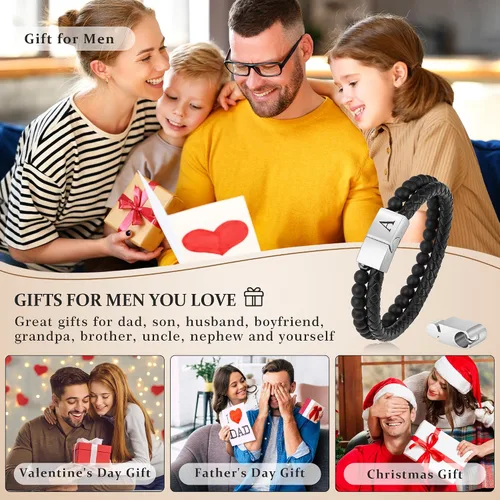 Miniatura 3 de LUXEJEW Regalo Navidad para hombre, brazalete de cuero con cuentas, con letra inicial nombre, 15/64 de pulgada, ágata mate, hecho a mano, ajustable