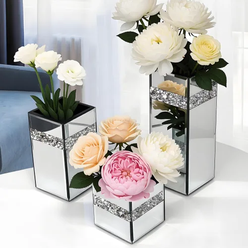 Miniatura 5 de ALLARTONLY Juego de 3 Piezas de Jarrón Espejo de Diamante Triturado Tamaño Pequeño, Mediano, Grande. Jarrón Decorativo de Lujo de Cristal Espejo