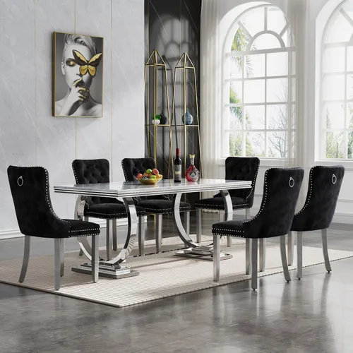 Miniatura 68 de HomVent Juego de mesa de comedor moderna de mármol sintético para 4 personas, mesa de cocina rectangular con 4 sillas beige (dorado)