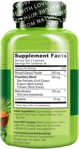 Miniatura 3 de NATURELO Próstata y salud urinaria, fórmula integral con palma enana americana, pigeo, tumérico, esteroles vegetales, brócoli y licopeno, 60