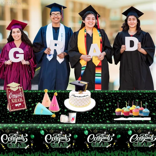 Miniatura 3 de KatchOn, Manteles de graduación verdes y negros, extra grandes de 108 x 54 pulgadas, paquete de 3 Decoraciones de graduación verde y negro 2026