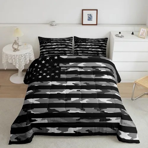 Miniatura 32 de Feelyou Juego de edredón de camuflaje del ejército con bandera estadounidense, decoración militar, camuflaje verde selva, bandera de Estados Unidos