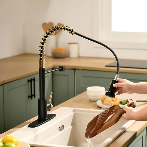 Miniatura 6 de GIMILI Grifo de cocina sin contacto negro y dorado con adaptador AC, grifo de fregadero de cocina manos libres con sensor de movimiento inteligente