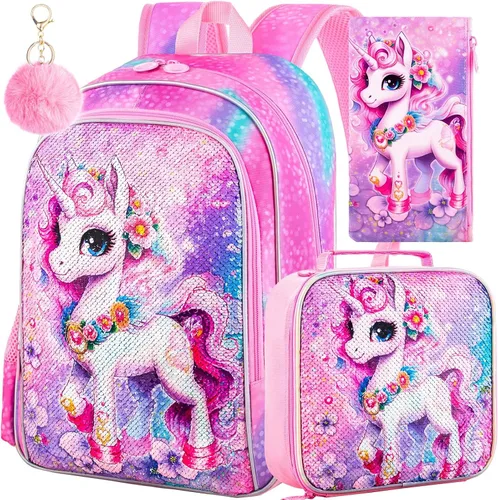 Miniatura 9 de KLFVB 3 mochilas de sirena de unicornio para niñas, bolsa de libros y lonchera de lentejuelas de 16 pulgadas, mochilas preescolares para primaria