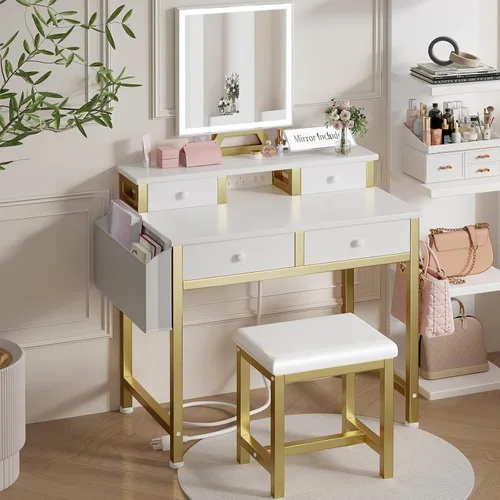 Miniatura 2 de Pequeño escritorio de maquillaje con luces, juego de tocador para niñas de 31 pulgadas con espejo y silla, tocador de maquillaje con cajones y toma
