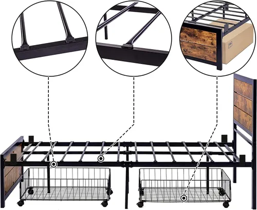 Miniatura 6 de Base de cama de tamaño individual con estraage, marco de cama de metal con cabecera y estribo de madera, base de cama de plataforma de metal de 14