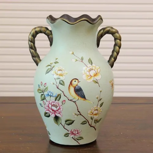 Miniatura 2 de ZHOUXIAO Jarrón moderno con asas de cerámica para decoración del hogar, diseño de pájaro de porcelana china tradicional verde, florero de flores