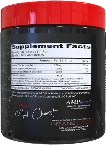 Miniatura 2 de Insane Labz I am God Pre Workout, Polvo de preentrenamiento de alta estimulación cargado con creatina y bitartrato DMAE energizado por AMPiberry