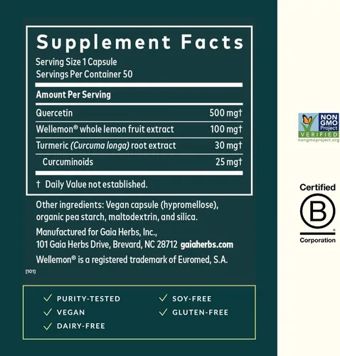 Miniatura 3 de Gaia Herbs Quercetin Synergy - Apoya la salud inmunológica* - Extracto de fruta de limón Wellemon - 50 cápsulas veganas (50 porciones)