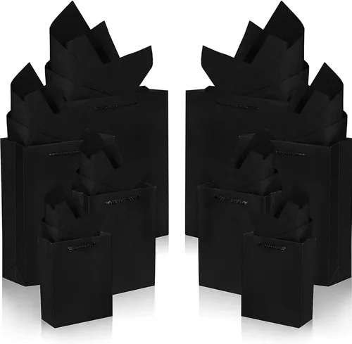Outus 96 juegos de bolsas de regalo negras, 48 bolsas de papel kraft con 48 papeles de copia, 4 tamaños diferentes en 6 pulgadas, 8 pulgadas, 11
