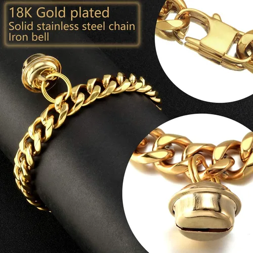 Miniatura 6 de Gargantilla ancha de acero inoxidable para gatos y perros, de oro de 18 quilates, ajustable, a prueba de mordidas, eslabones cubanos de 1/2 pulgada
