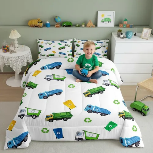 Miniatura 40 de Juego de edredón de camión de basura para niños, tamaño King, juego de ropa de cama de automóvil de dibujos animados para niños, adolescentes