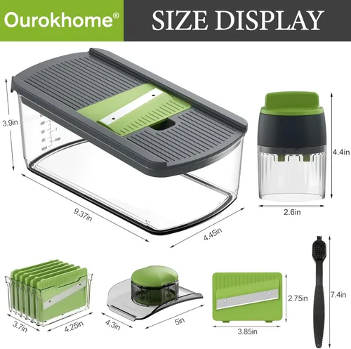 Miniatura 8 de Ourokhome Cortador de mandolina con espiralizador de mano, trituradora de verduras segura para manos con 6 cuchillas de mandolina, cortador de Verde