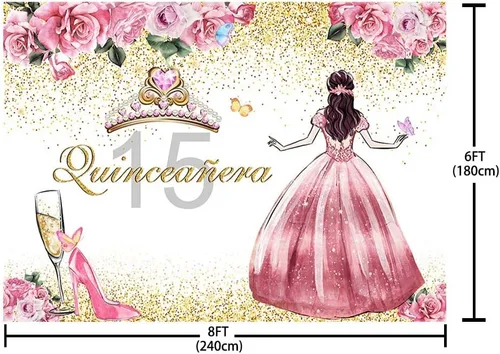 Miniatura 5 de SENDY Telón de fondo de quinceañera de 8 x 6 pies para niña, feliz cumpleaños 15, flores rosadas, tacones altos, corona, princesa, decoración