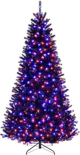 Miniatura 9 de Goplus - Árbol de Navidad artificial negro de 7 pies con luces preinstaladas, árbol de Halloween artificial, árbol de Navidad completo con bisagras